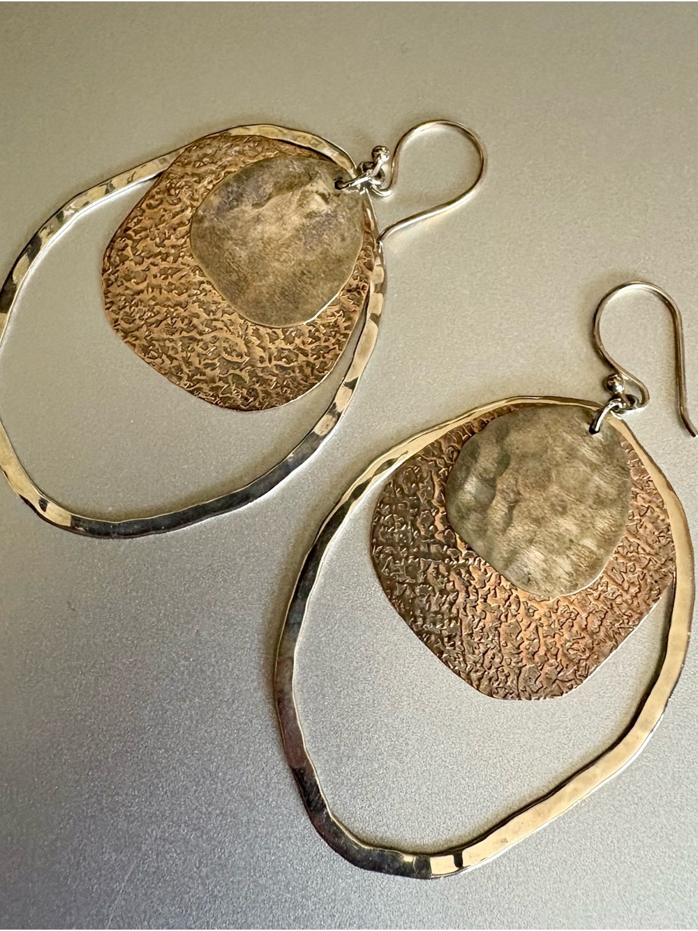 Mixed-Metal Hammered Drop Hoop Earrings - Gold and Silver Tones